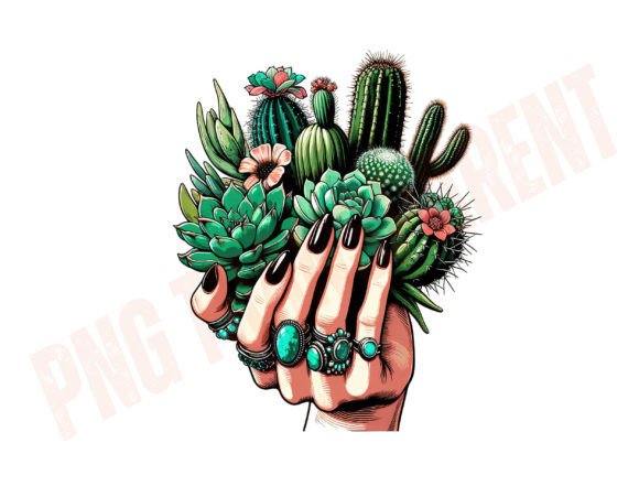 Boho Cactus Succulent PNG, Black Nails: Desert Chic Design Assets